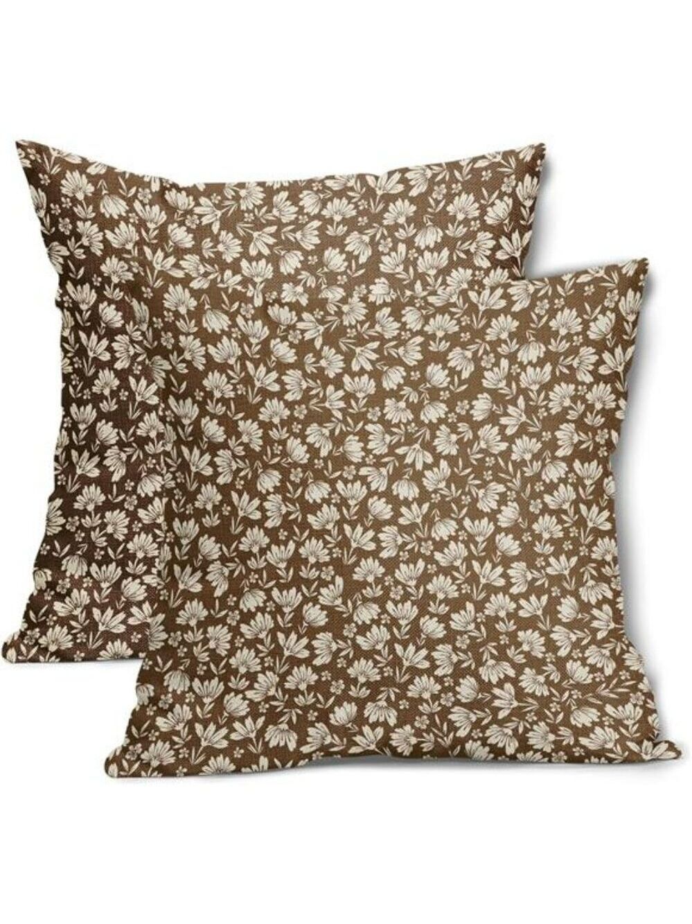 Brown Beige Daisy Floral Pillow Covers 20x20 Set of 2 Cotton Linen Farmhouse Dec